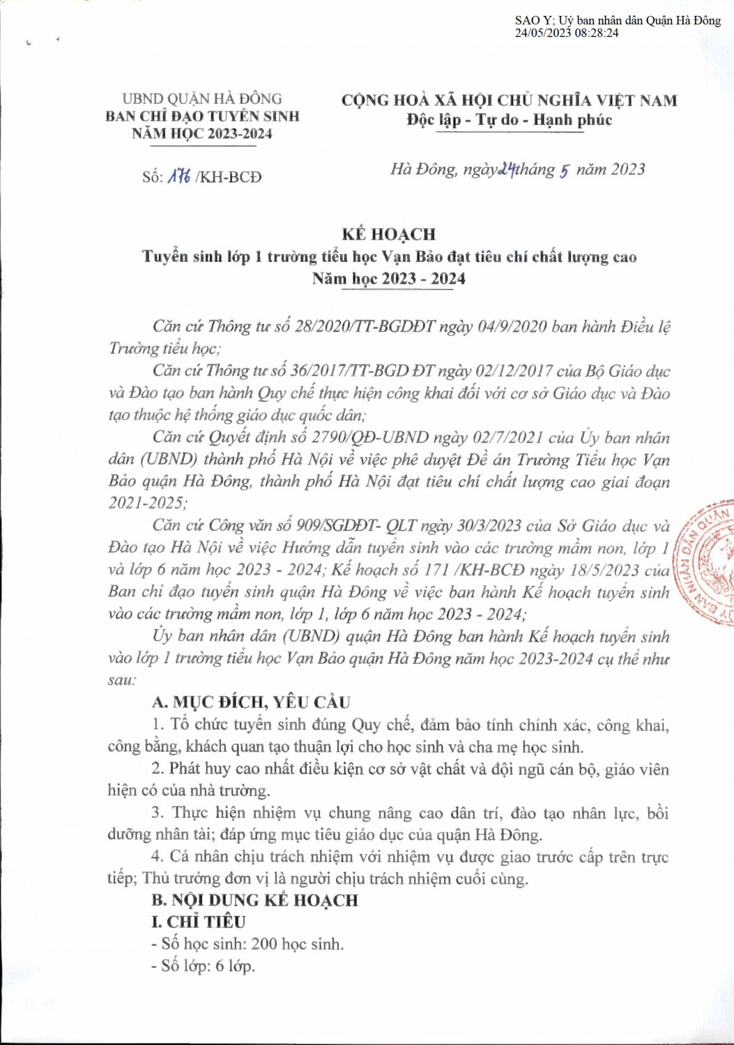 KH 176 tuyển sinh vào lớp 1 Tiểu học Vạn Bảo 0001